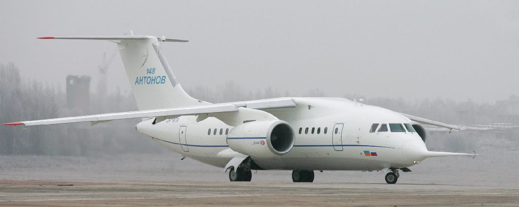 A Ukrainian-made Antonov-148 airplane prepares for its first flight in Kiev, December 17, 2004. The new An-148 airliner can carry 80 passengers for up to 5,100 km with a top speed of 870 kms per hour. REUTERS/Gleb Garanich