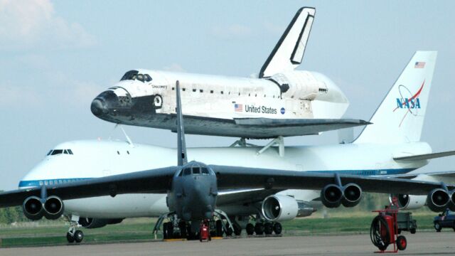 BARKSDALE AIR FORCE BASE, La. -- A NASA Boeing 747 carrying Space Shuttle Discovery, still scorched from its re-entry into Earth's atmosphere, taxis at here on Aug. 19. Discovery's stop was the second of two as the shuttle was on its way back to Kennedy Space Center, Fla., after landing at Edwards Air Force Base, Calif., Aug. 9. (U.S. Air Force photo by Airman 1st Class Brandon Kusek)