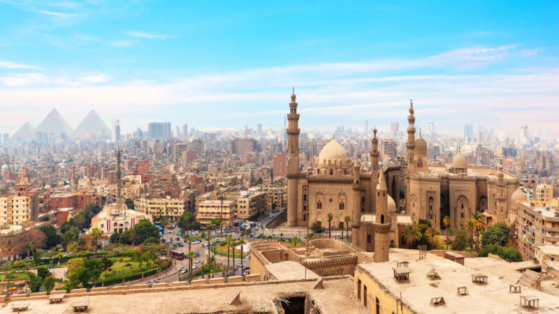 The Mosque-Madrassa of Sultan Hassan in the panorama of Cairo, Egypt.